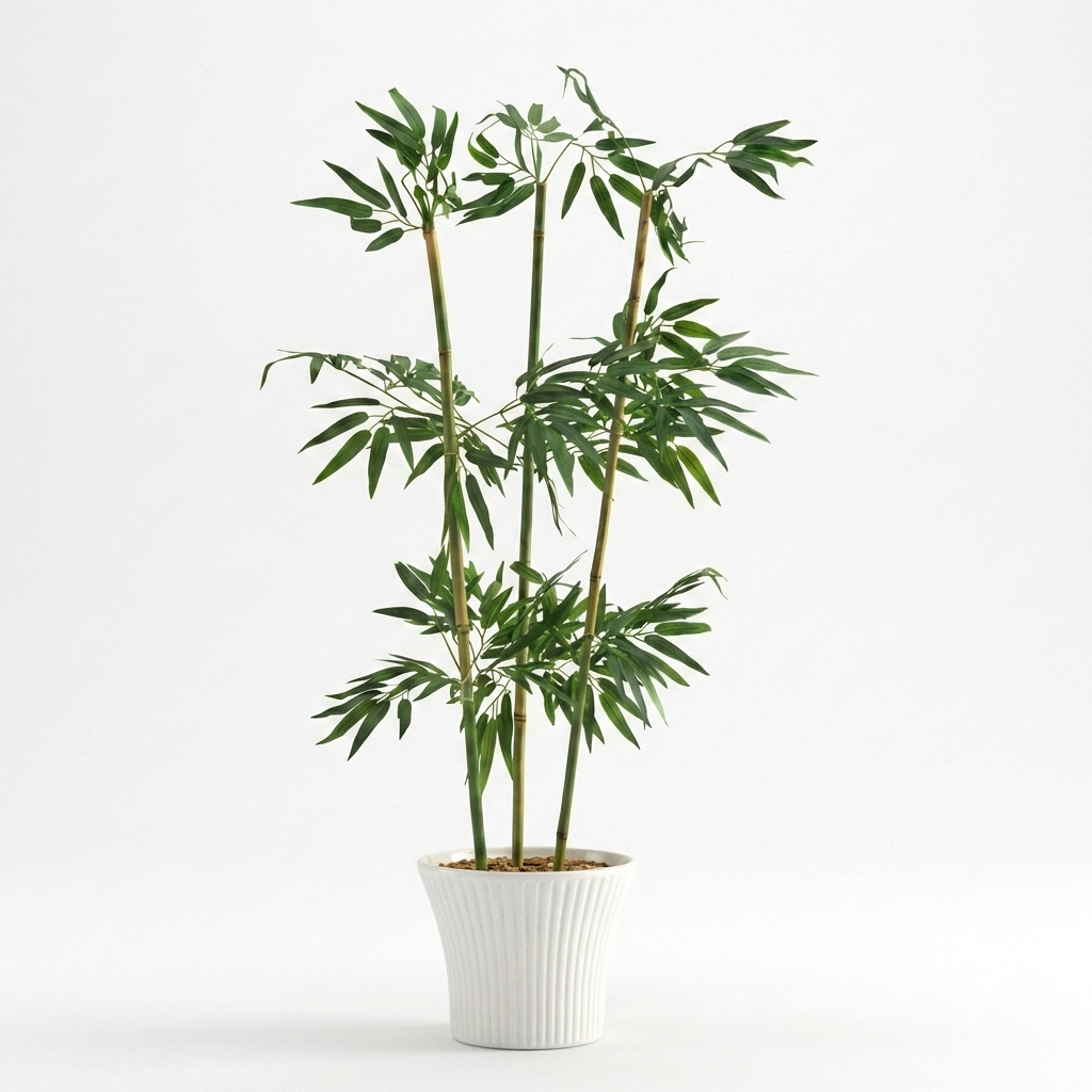 A studio shot against a solid white background showing four realistic artificial bamboo stalks featuring detailed dark green, lance-shaped indoor bamboo plant leaves with white background .