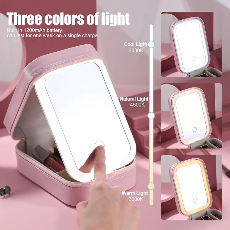 Travel Makeup Box with LED Mirror | Compact Beauty & Jewelry Case Pink