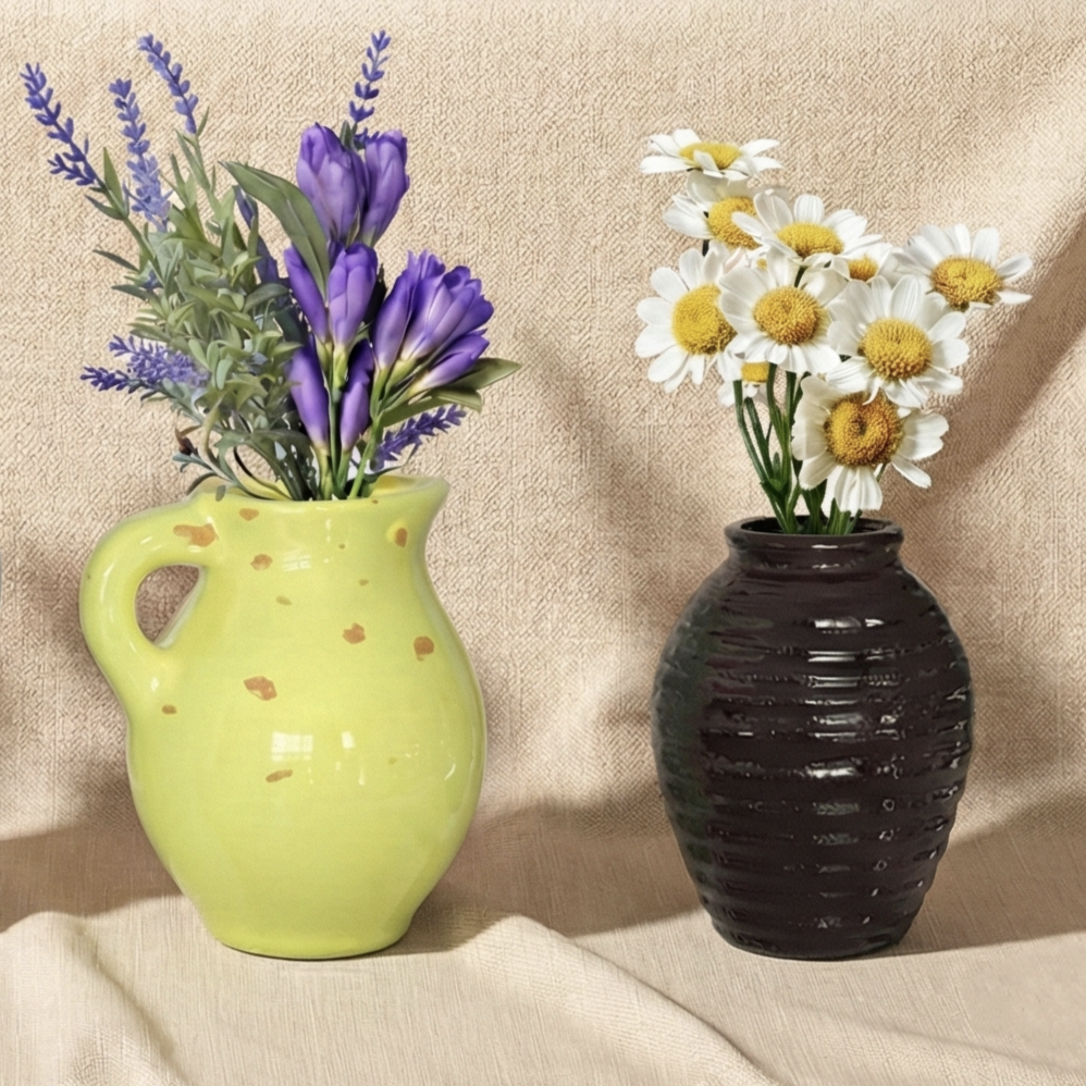 close up image of 3D mini flower pot fridge magnets with colorful artificial flowers on a table