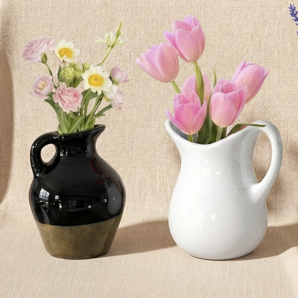 close up image of 3D mini flower pot fridge magnets with colorful artificial flowers on a table