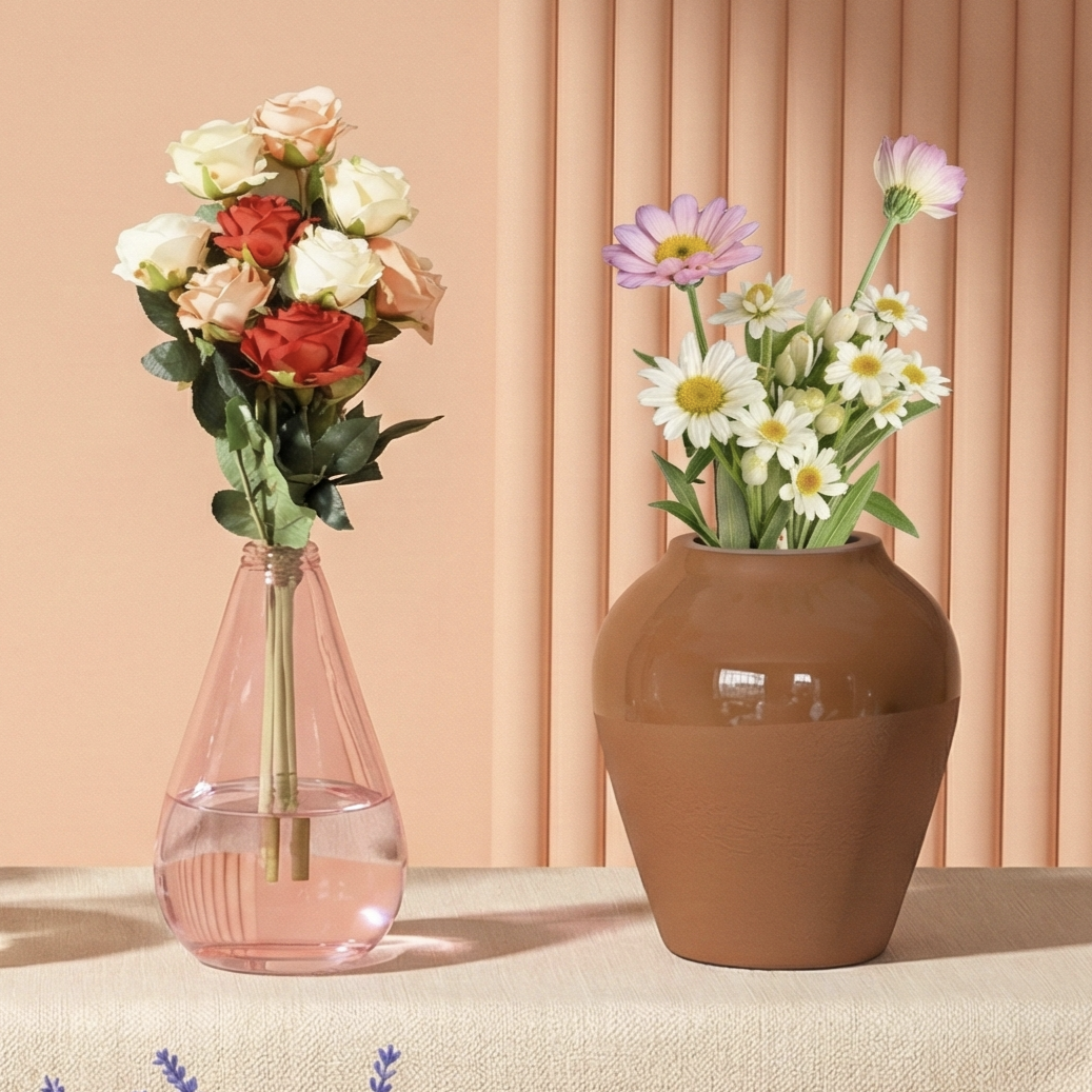 Close up of realistic mini vase in a white mini pitcher magnet for refrigerator