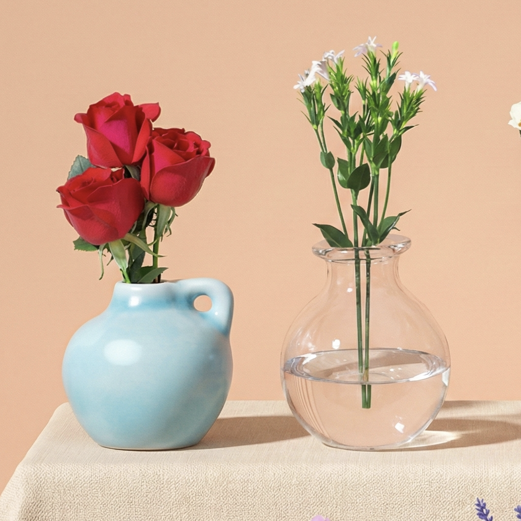 Close up of realistic tulips in a white mini pitcher magnet for refrigerator