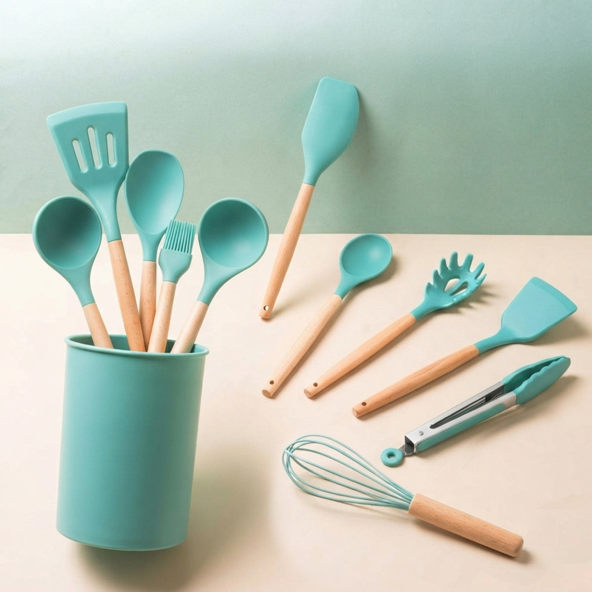 Premium 12-Piece Silicone Cooking Utensils Set with Natural Wood Handles