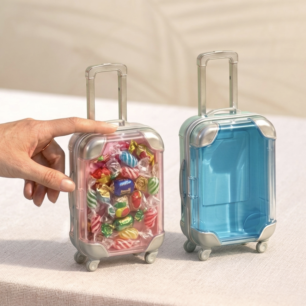 A hand holding a clear pink mini suitcase organizer filled with colorful candies, placed next to an empty blue miniature travel storage box on a textured table - saathihome