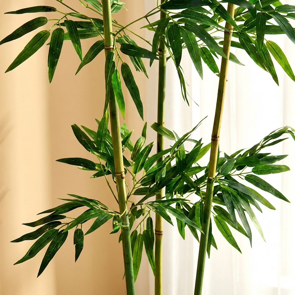 A studio shot against a solid white background showing four realistic artificial bamboo stalks featuring detailed dark green, lance-shaped indoor bamboo plant leaves with specifications.