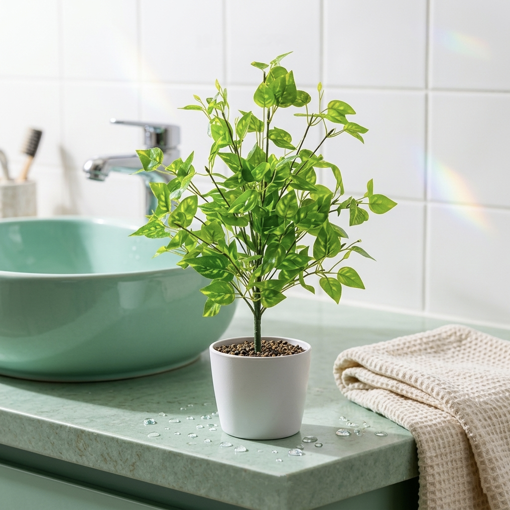 A vibrant artificial green leafy plant shown against a clean, solid white background. Pot not included.