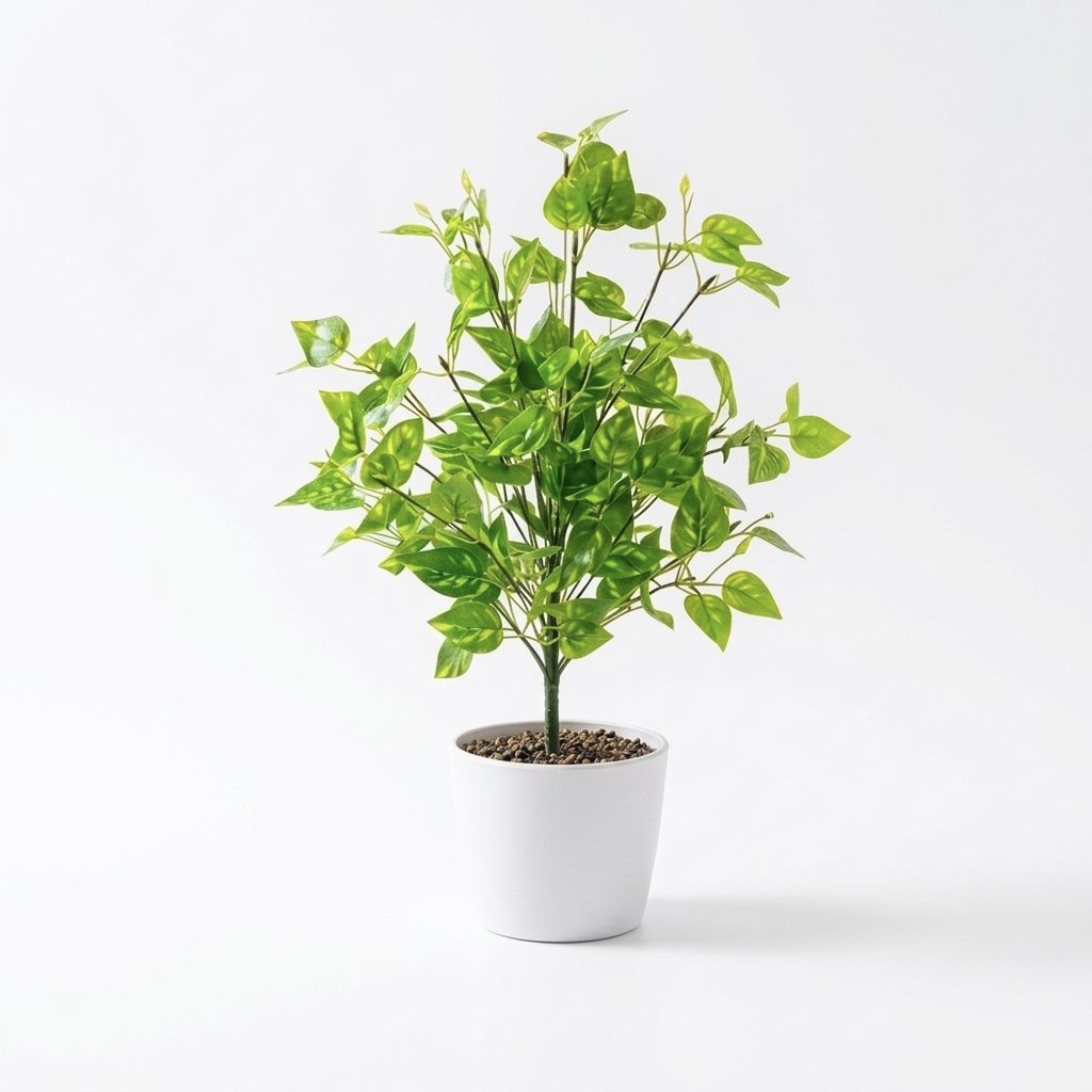 A vibrant artificial green leafy plant shown against a clean, solid white background. Pot not included.