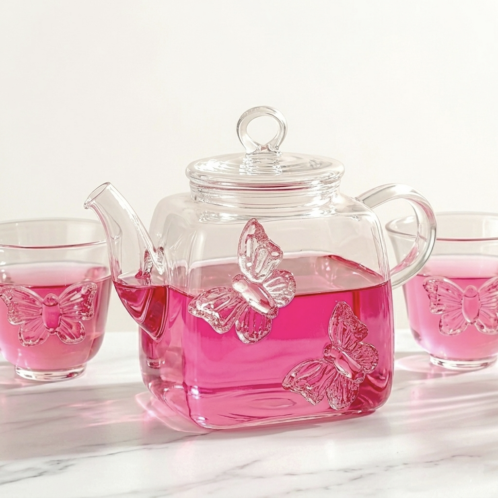 Clear glass tea set featuring a square teapot and two teacups filled with pink liquid, adorned with 3D pink glass butterflies on the exterior, set on a bright minimal background