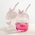 Fairy Ribbed Glass Tumbler with 3D Pink Butterflies, Lid & Straw 450 ml Set of 2