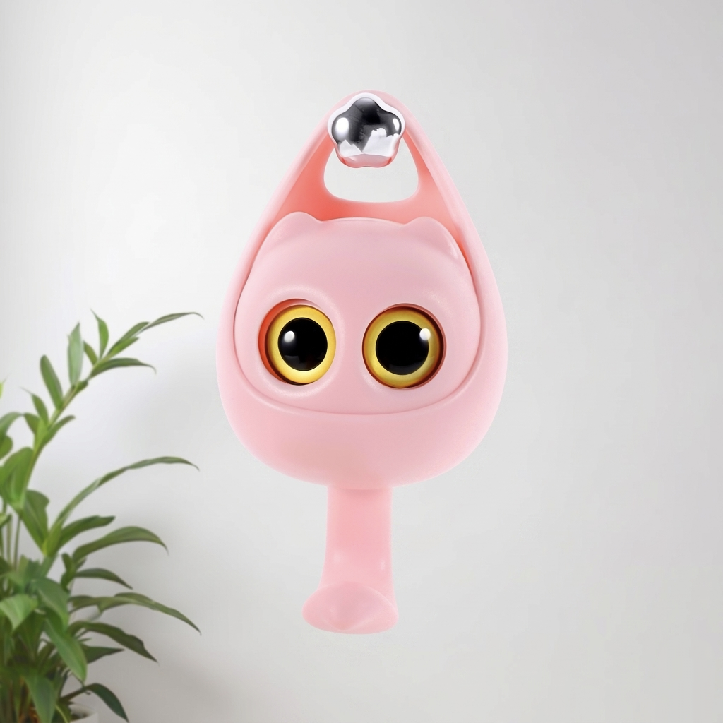 Close-up of a cute pink cat-shaped wall hook with large expressive eyes mounted on a white wall