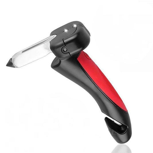 Close-up of the Saathi Home black and red 4-in-1 car assist handle showing the ergonomic grip, glass breaker tip, and LED lights.