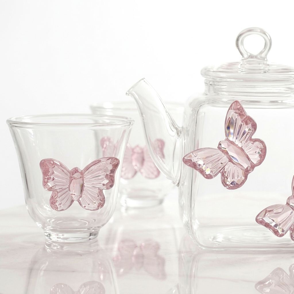Empty transparent glass teapot and two matching cups decorated with applied pink glass butterflies, resting on a white marble tabletop in a brightly lit room.