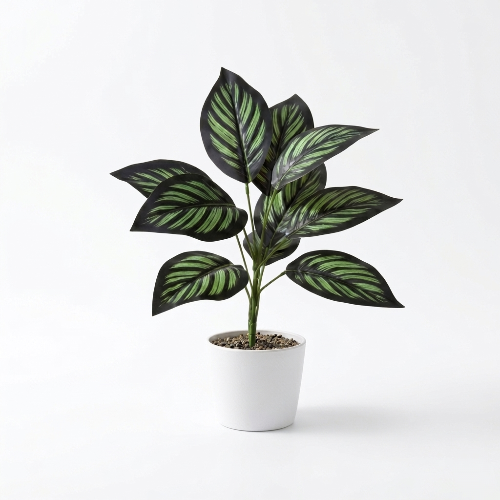 High-quality 8k professional macro photograph of a 30cm artificial Pinstripe Calathea plant featuring 9 dark green leaves with vibrant bright green stripes, isolated on a solid white background.