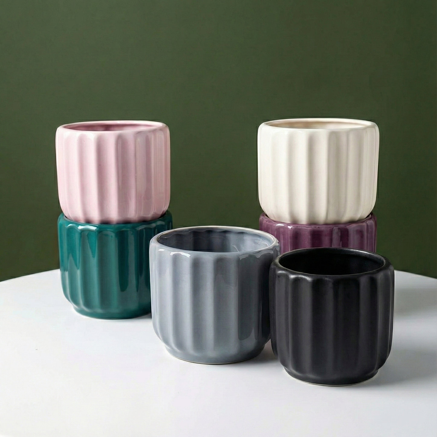 Fluted Ceramic Cylinder Planter | Modern Ribbed Pot for Indoor Plants