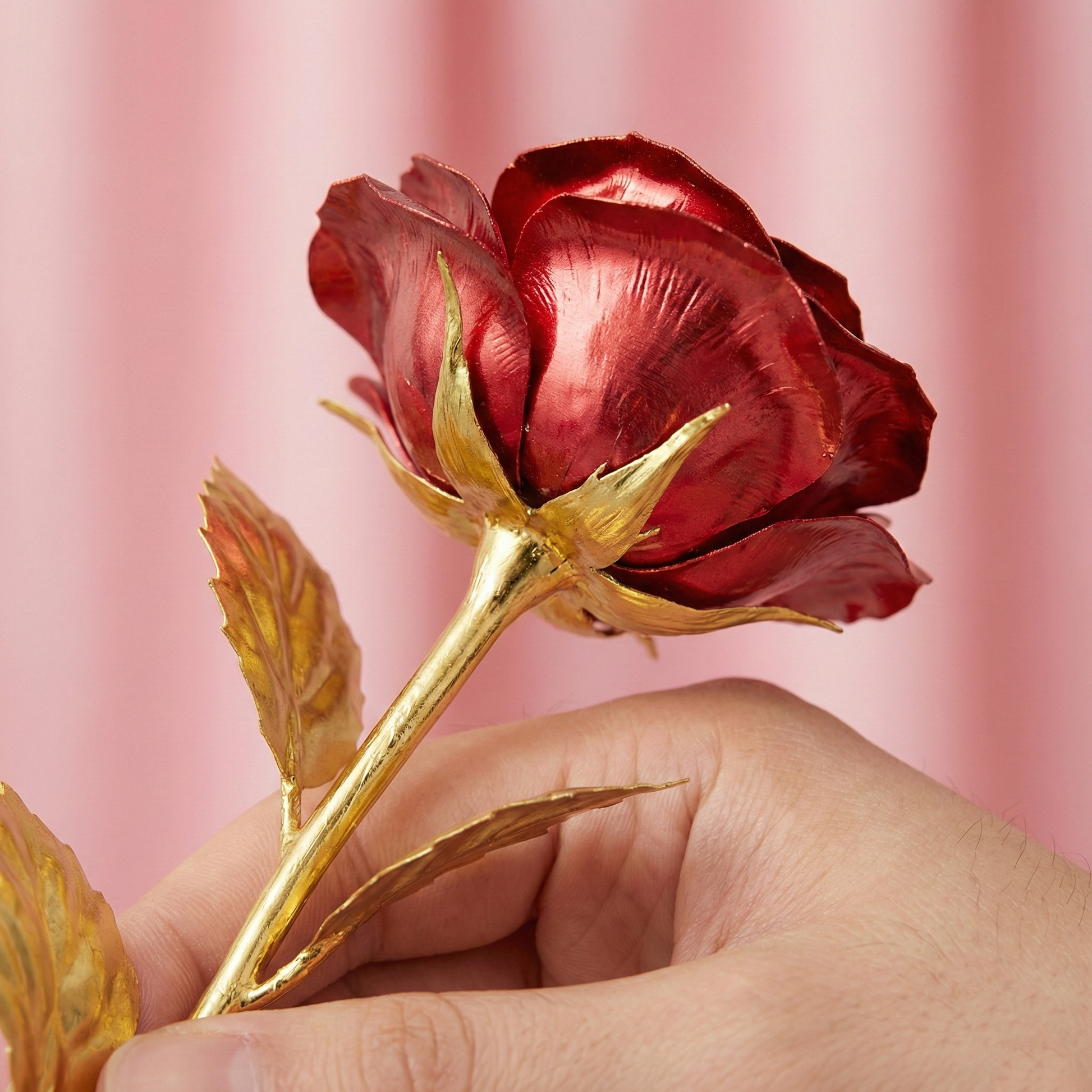 Close up detail showing the metallic gold and red finish on the petals of the artificial eternal rose.