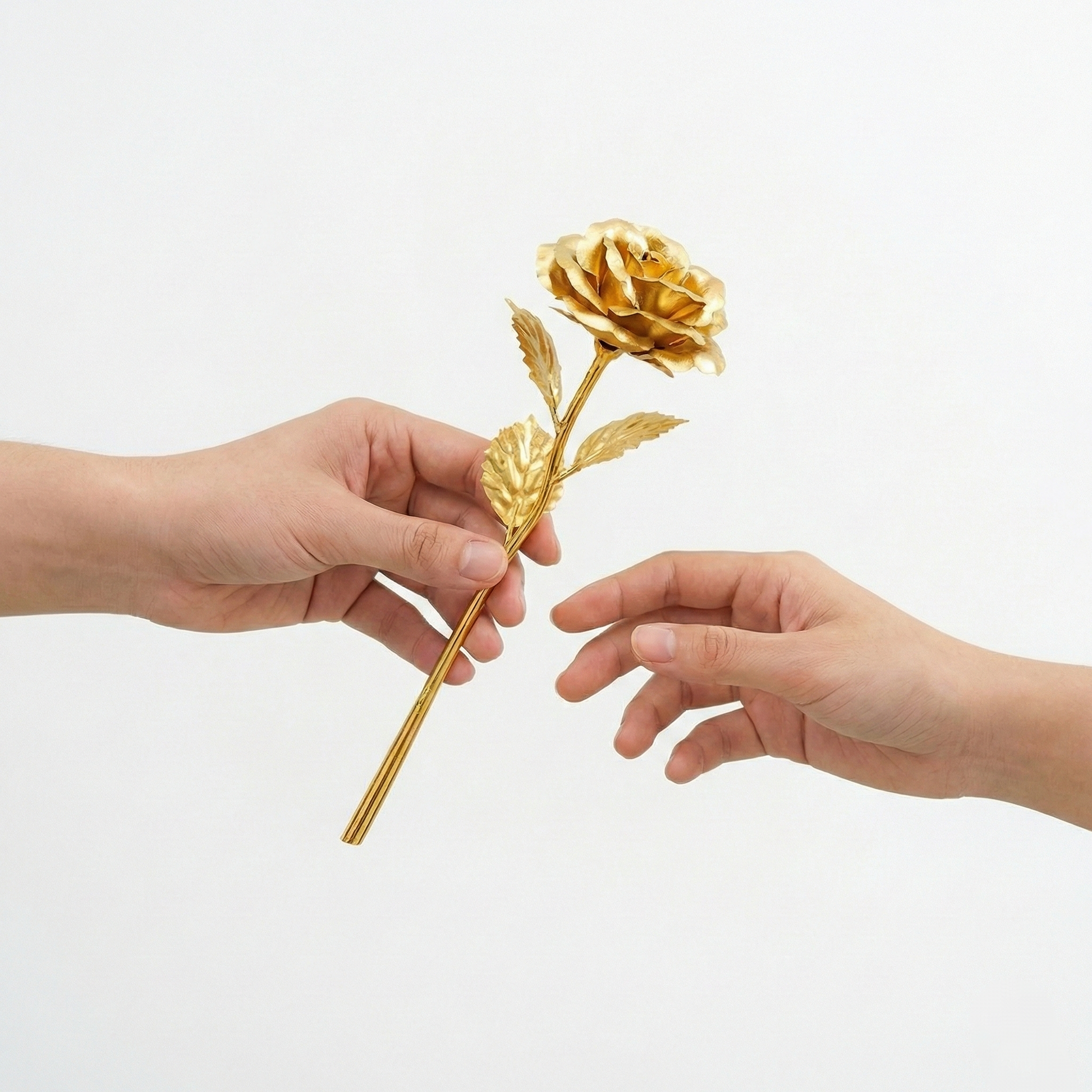 Full view of a 24K artificial golden rose with detailed stem and leaves