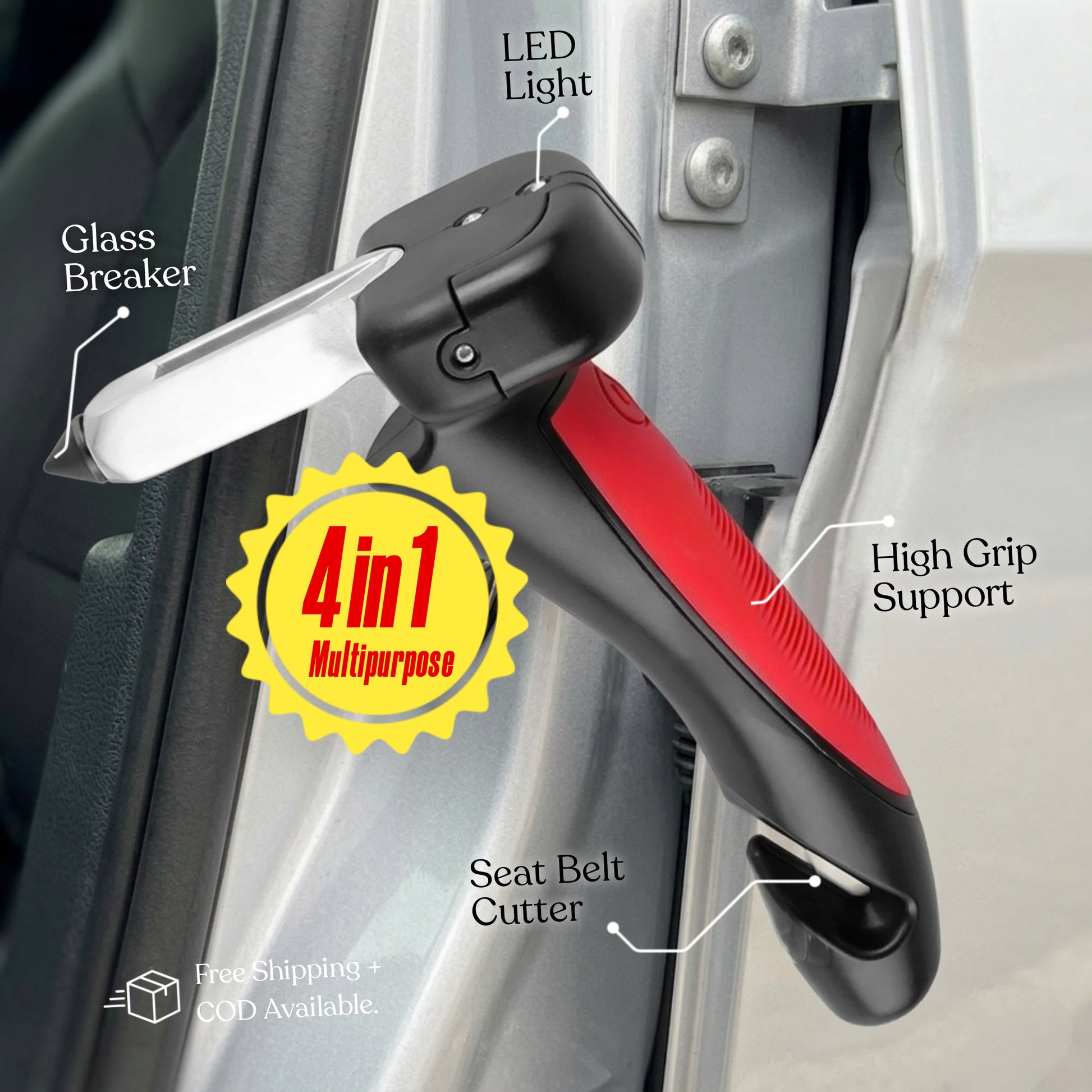 Infographic detailing the 4-in-1 multipurpose features of the car assist handle: Glass Breaker, LED Light, High Grip Support, and Seat Belt Cutter.