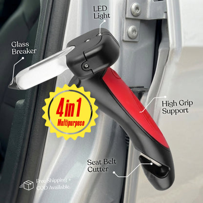 Infographic detailing the 4-in-1 multipurpose features of the car assist handle: Glass Breaker, LED Light, High Grip Support, and Seat Belt Cutter.