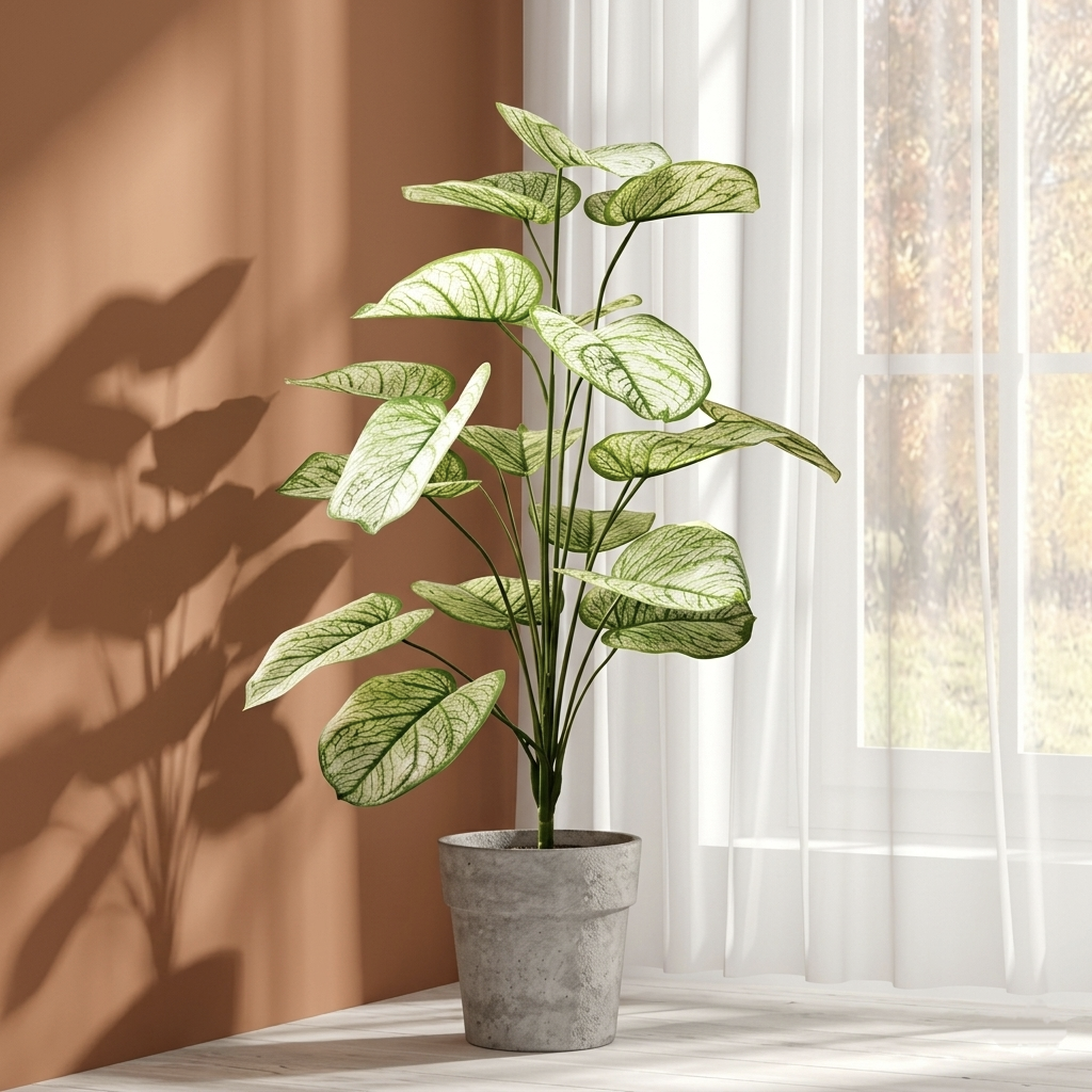 Large artificial White Caladium faux houseplant styled indoors near a sunlit window with terracotta walls.