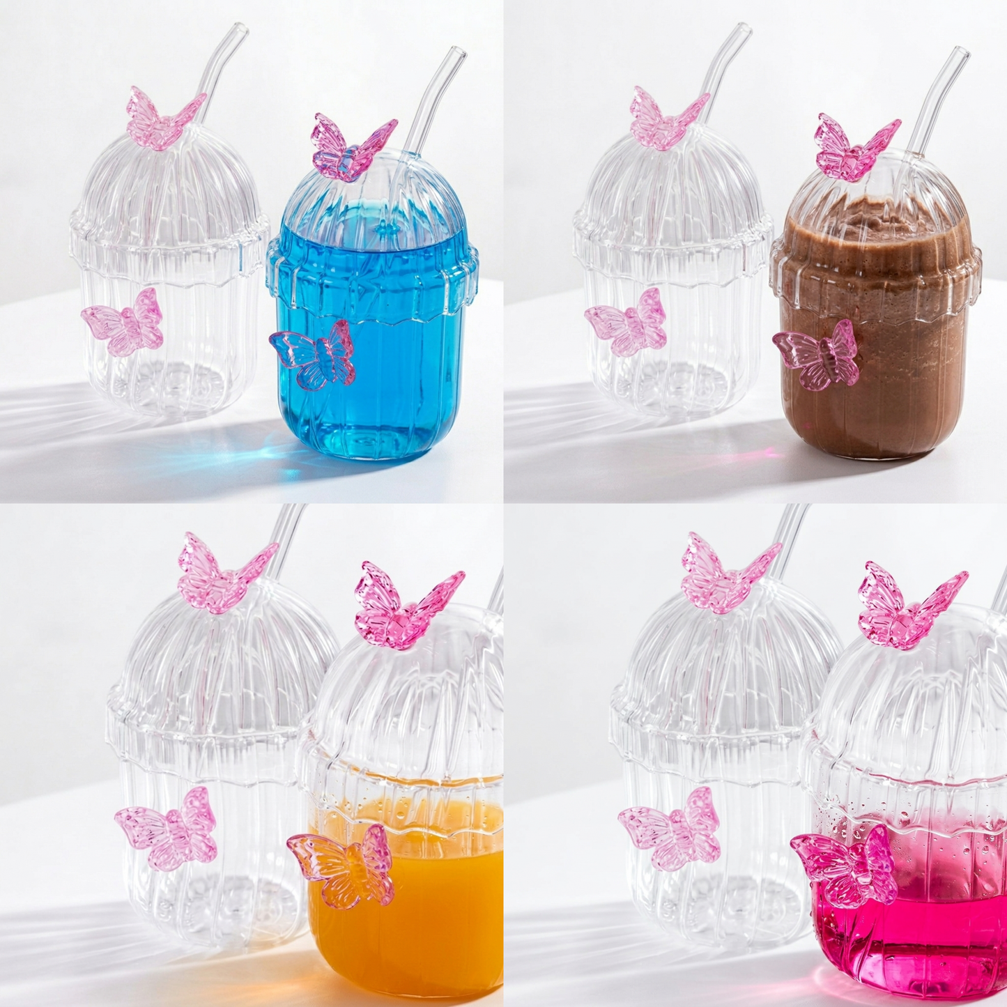 Macro shot of Clear ribbed glass tumbler with lid, glass straw, and 3D pink butterfly decorations on a white background with details