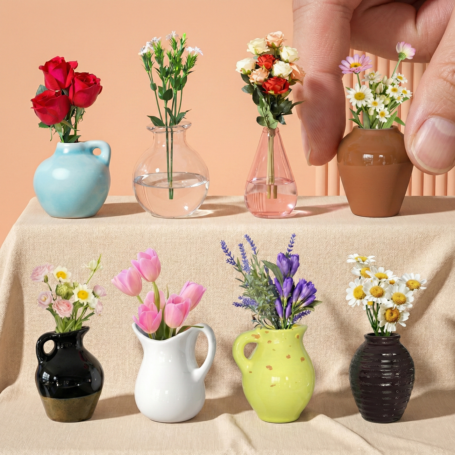 Collection of 3D mini flower pot fridge magnets with colorful artificial flowers on a table.