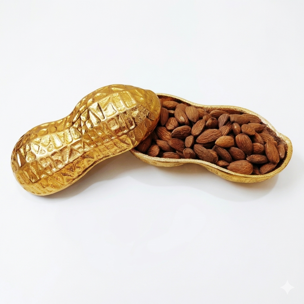 Open decorative gold peanut-shaped serving bowl filled with almonds, featuring a textured metallic finish and matching lid, displayed against a solid white background