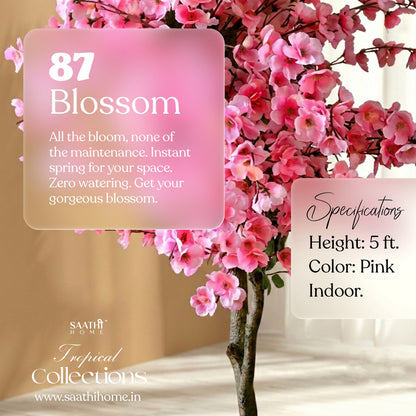 SaathiHome artificial pink blossom floor tree showing dense, realistic pink flowers and natural-looking bark design.