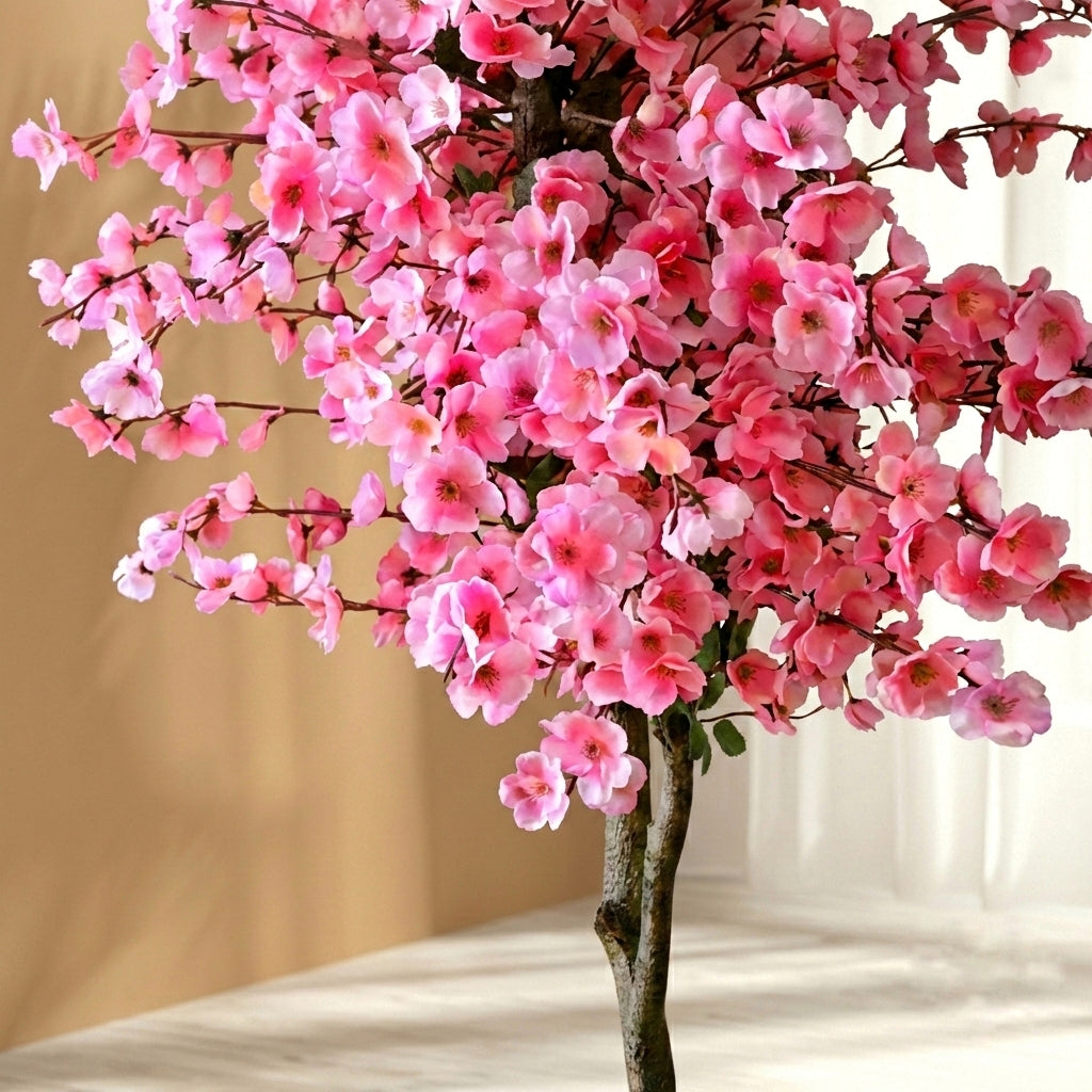 Close-up detail of vibrant pink petals and delicate branches on a lifelike faux cherry blossom plant