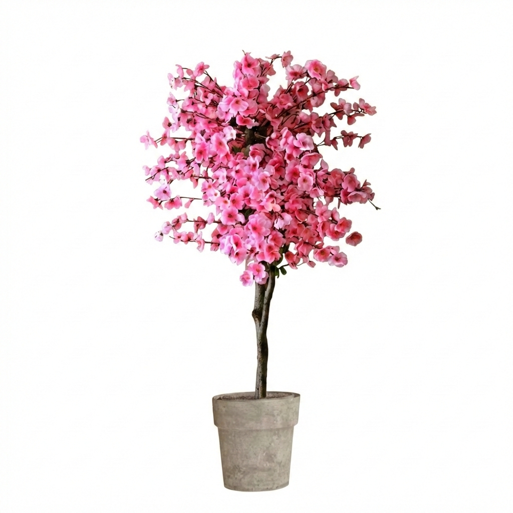 A bright, beautiful artificial pink cherry blossom tree placed indoors, showcasing its realistic height and vivid colors
