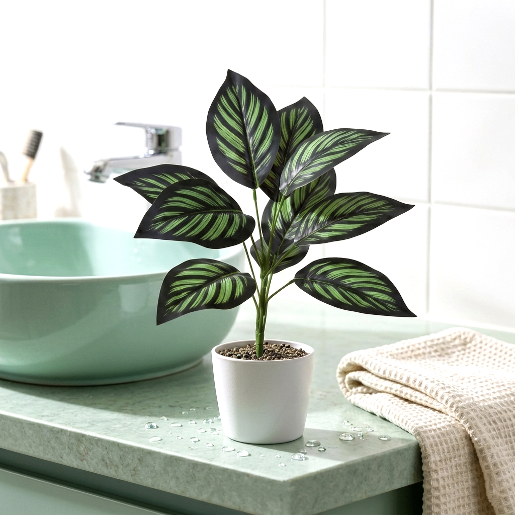 High-quality 8k professional macro photograph of a 30cm artificial Pinstripe Calathea plant featuring 9 dark green leaves with vibrant bright green stripes, isolated on a solid white background.