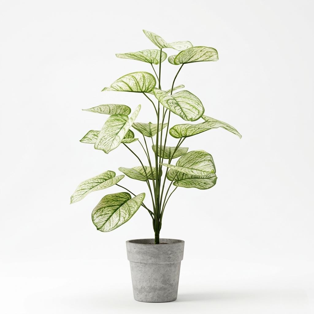 Full view of a realistic 95cm artificial White Caladium plant featuring 18 large white leaves with green veins against a solid white background.