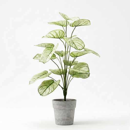 Full view of a realistic 95cm artificial White Caladium plant featuring 18 large white leaves with green veins against a solid white background.