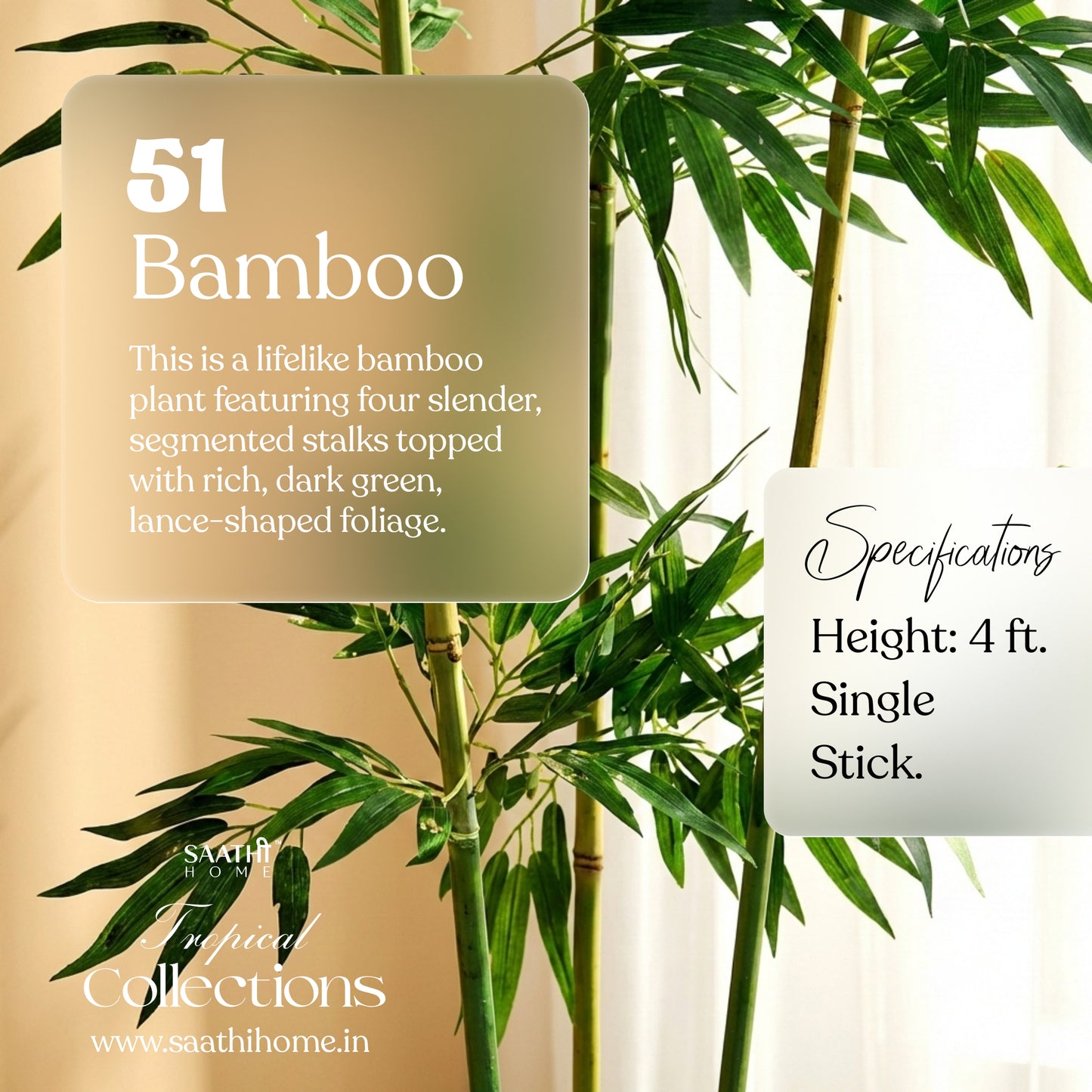 A studio shot against a solid white background showing four realistic artificial bamboo stalks featuring detailed dark green, lance-shaped indoor bamboo plant leaves with specifications.