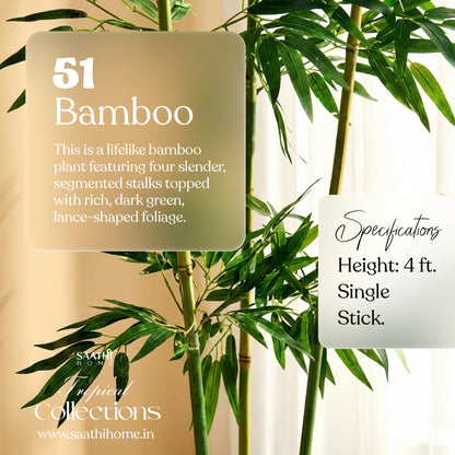 A studio shot against a solid white background showing four realistic artificial bamboo stalks featuring detailed dark green, lance-shaped indoor bamboo plant leaves with specifications.