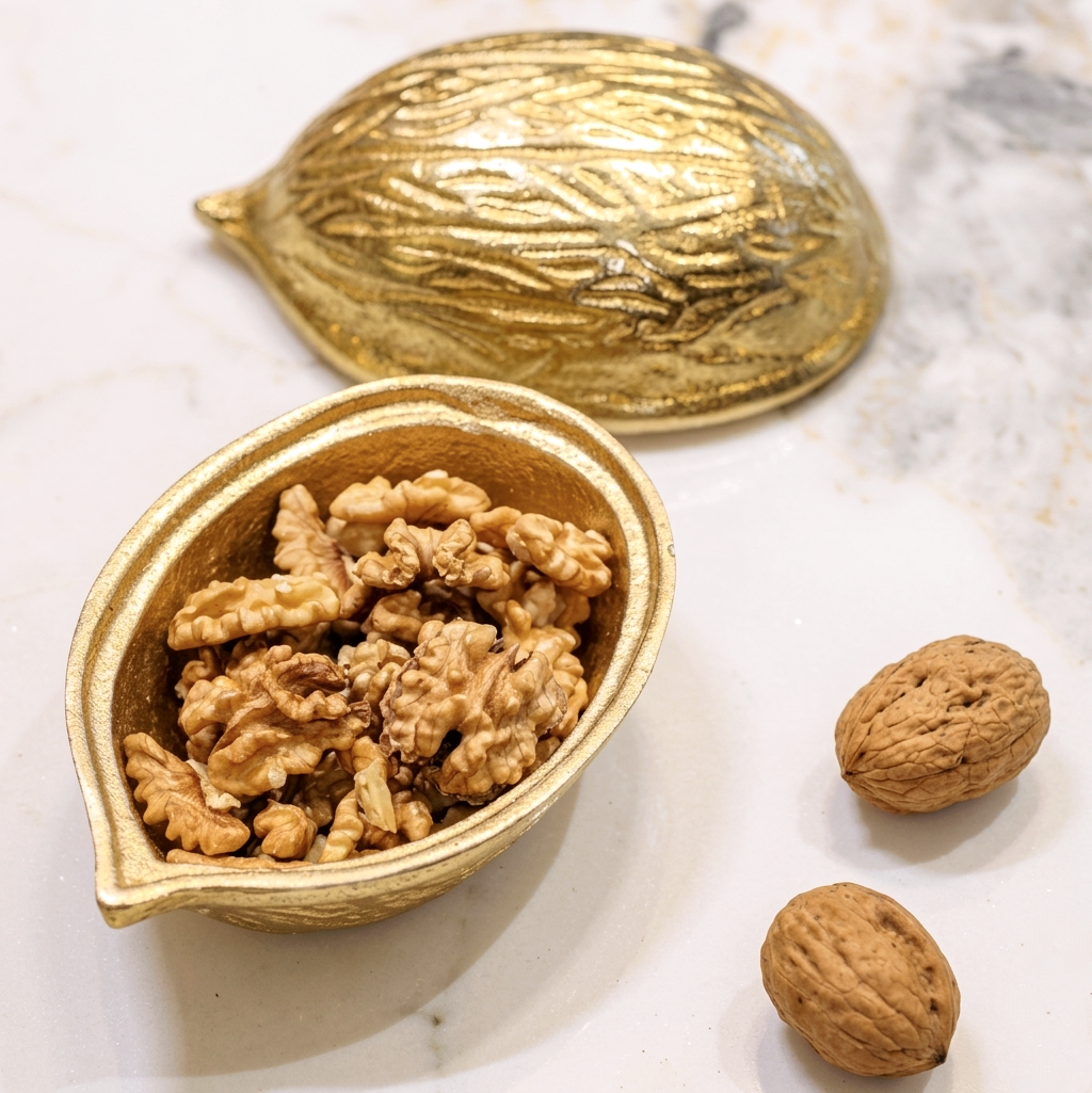Open gold walnut-shaped decorative bowl filled with real walnuts on a white marble surface, next to a matching textured gold lid.