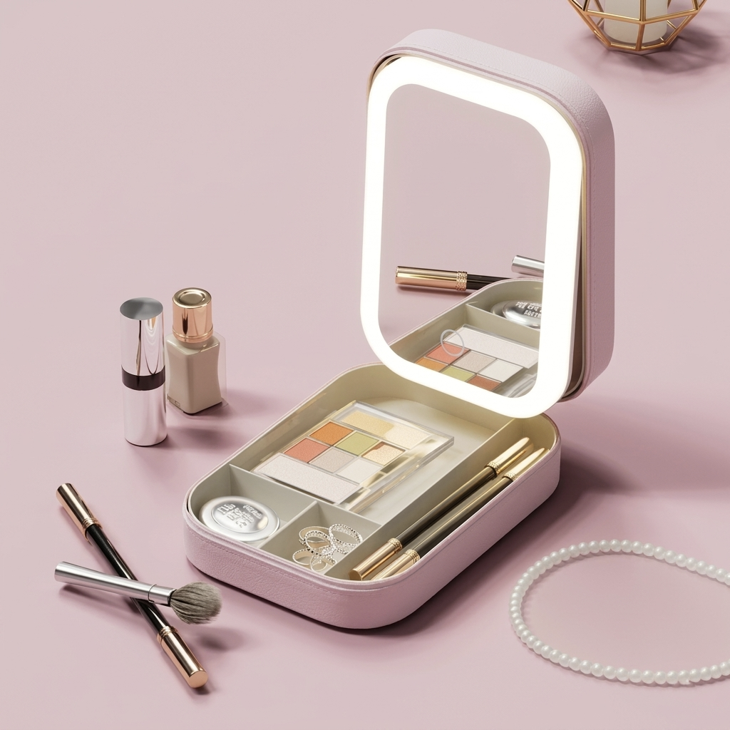 Travel Makeup Box with LED Mirror | Compact Beauty & Jewelry Case Pink