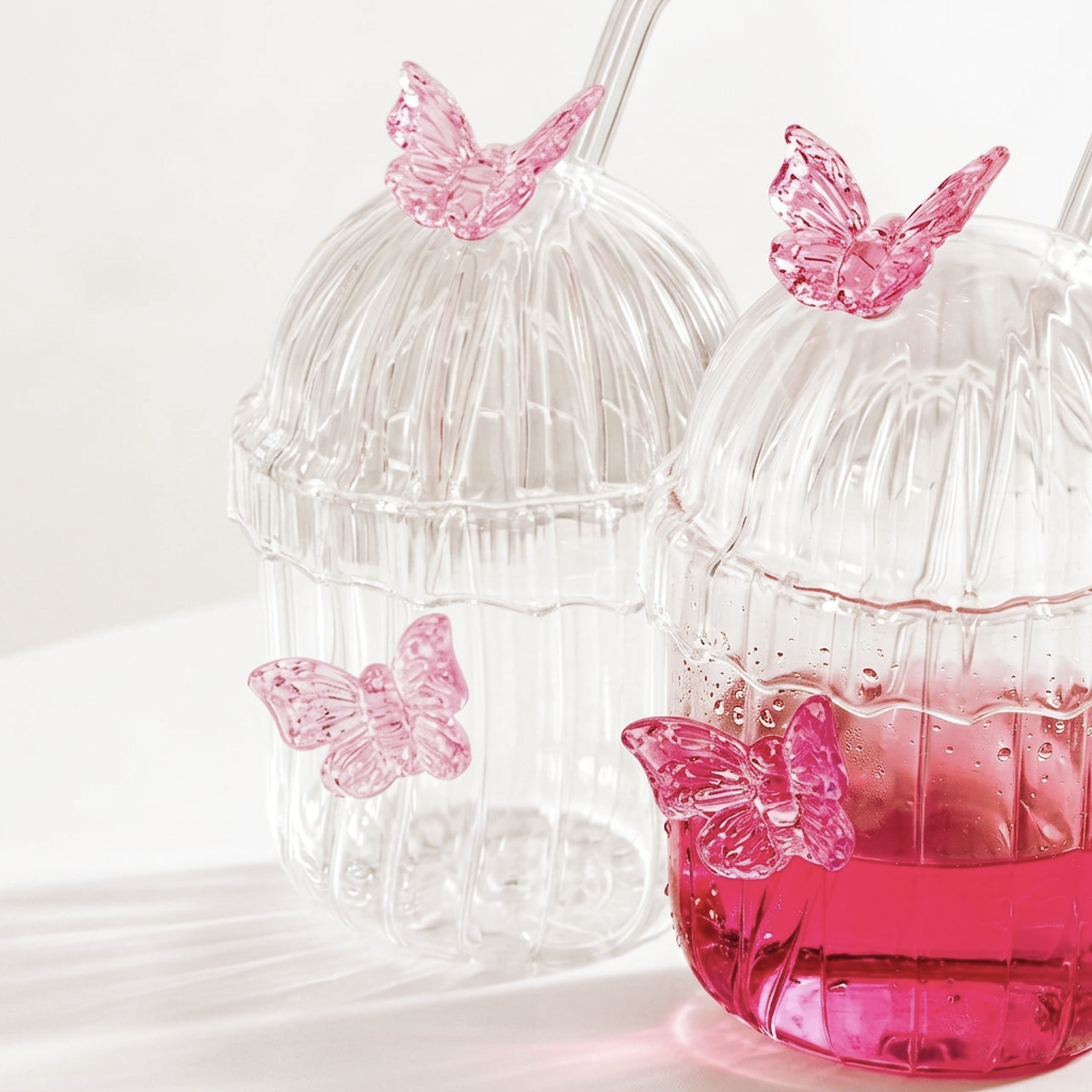 Fairy Ribbed Glass Tumbler with 3D Pink Butterflies, Lid & Straw 450 ml Set of 2