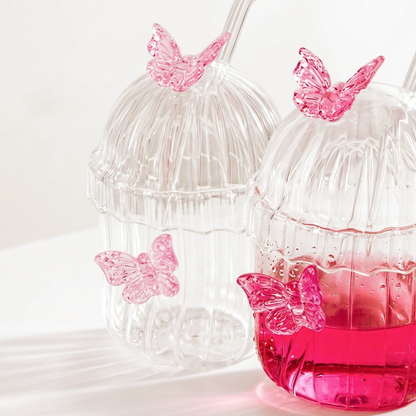 Fairy Ribbed Glass Tumbler with 3D Pink Butterflies, Lid & Straw 450 ml Set of 2