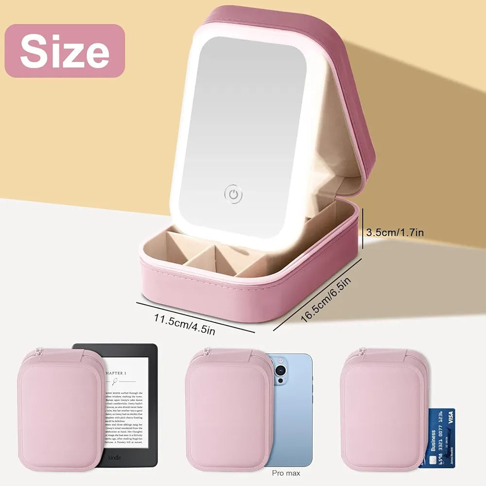 Travel Makeup Box with LED Mirror | Compact Beauty & Jewelry Case Pink
