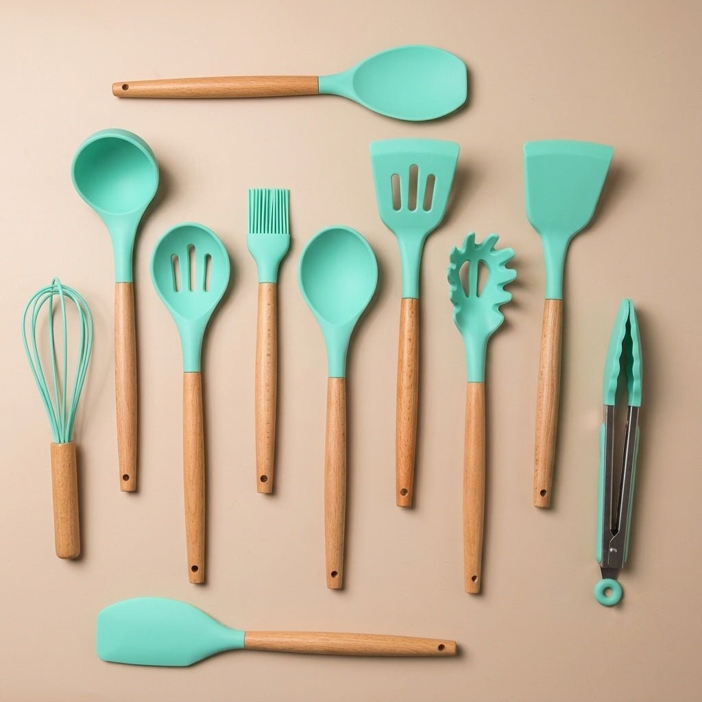 Premium 12-Piece Silicone Cooking Utensils Set with Natural Wood Handles