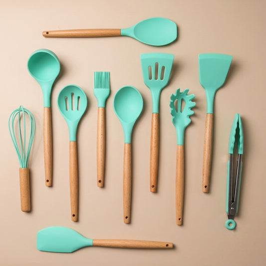 Premium 12-Piece Silicone Cooking Utensils Set with Natural Wood Handles
