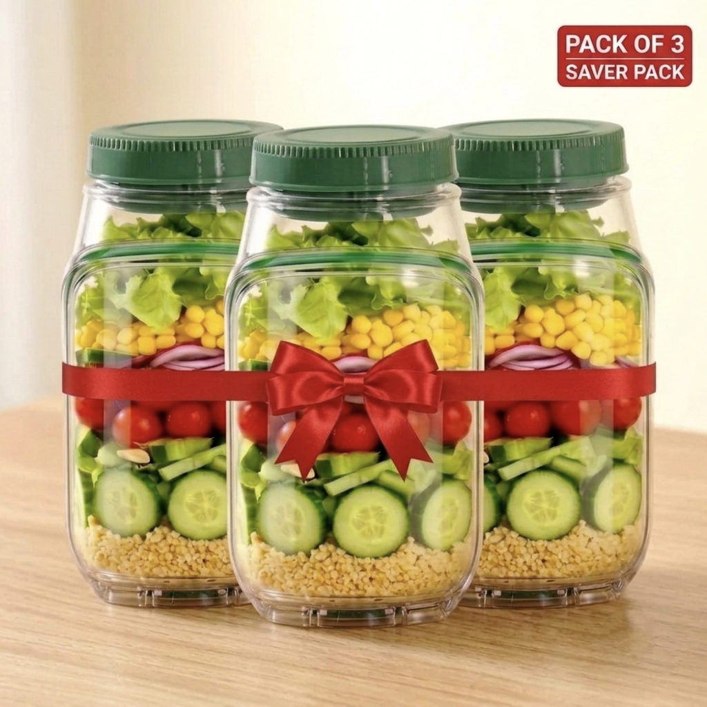 Portable 2 In 1 Salad Jar 1200ml with Built-in Dressing Container Pack of 3