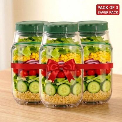 Portable 2 In 1 Salad Jar 1200ml with Built-in Dressing Container Pack of 3