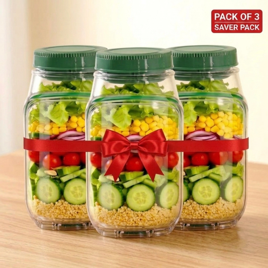 Portable 2 In 1 Salad Jar 1200ml with Built-in Dressing Container Pack of 3