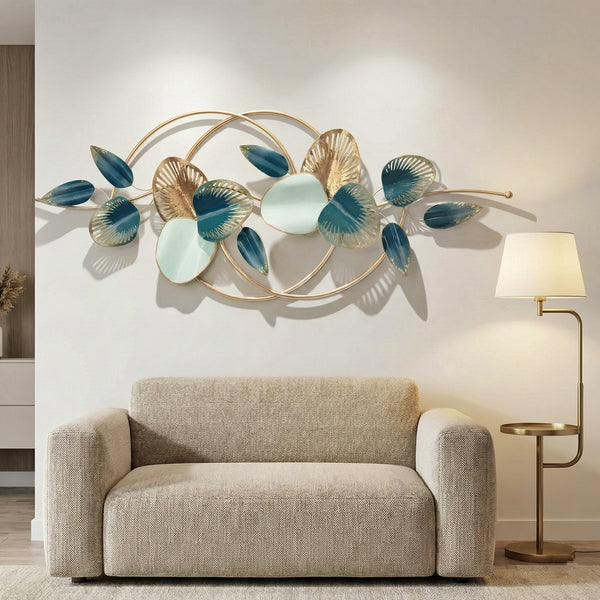 Azure & Gold Botanical Metal Wall Art (50" x 24") | Luxury Zinc-Coated Leaf Decor