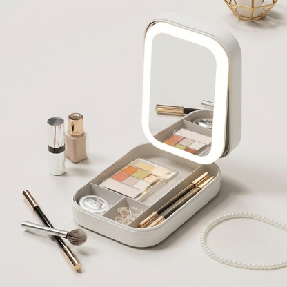 Travel Makeup Box with LED Mirror | Compact Beauty & Jewelry Case White