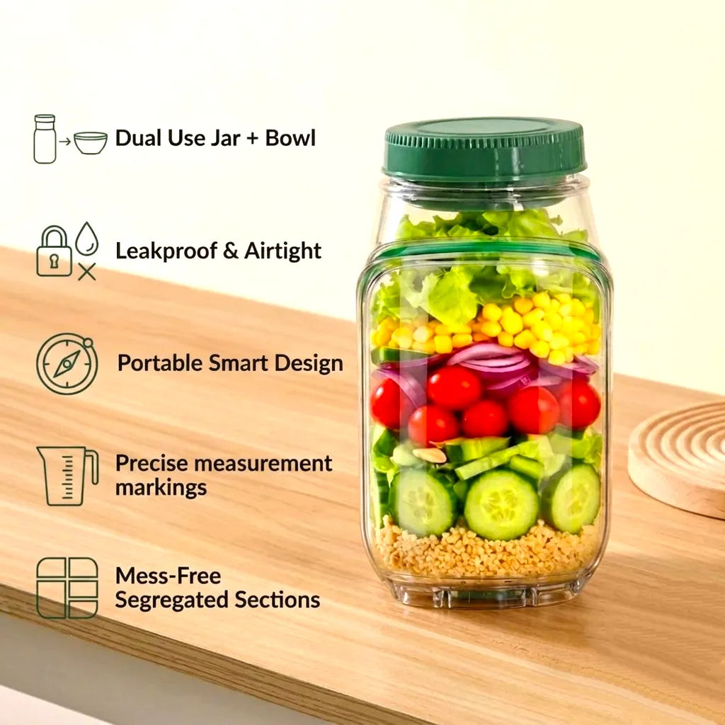 Portable 2 In 1 Salad Jar 1200ml with Built-in Dressing Container