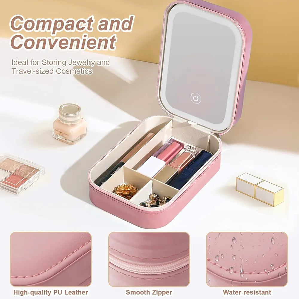 Travel Makeup Box with LED Mirror | Compact Beauty & Jewelry Case Pink