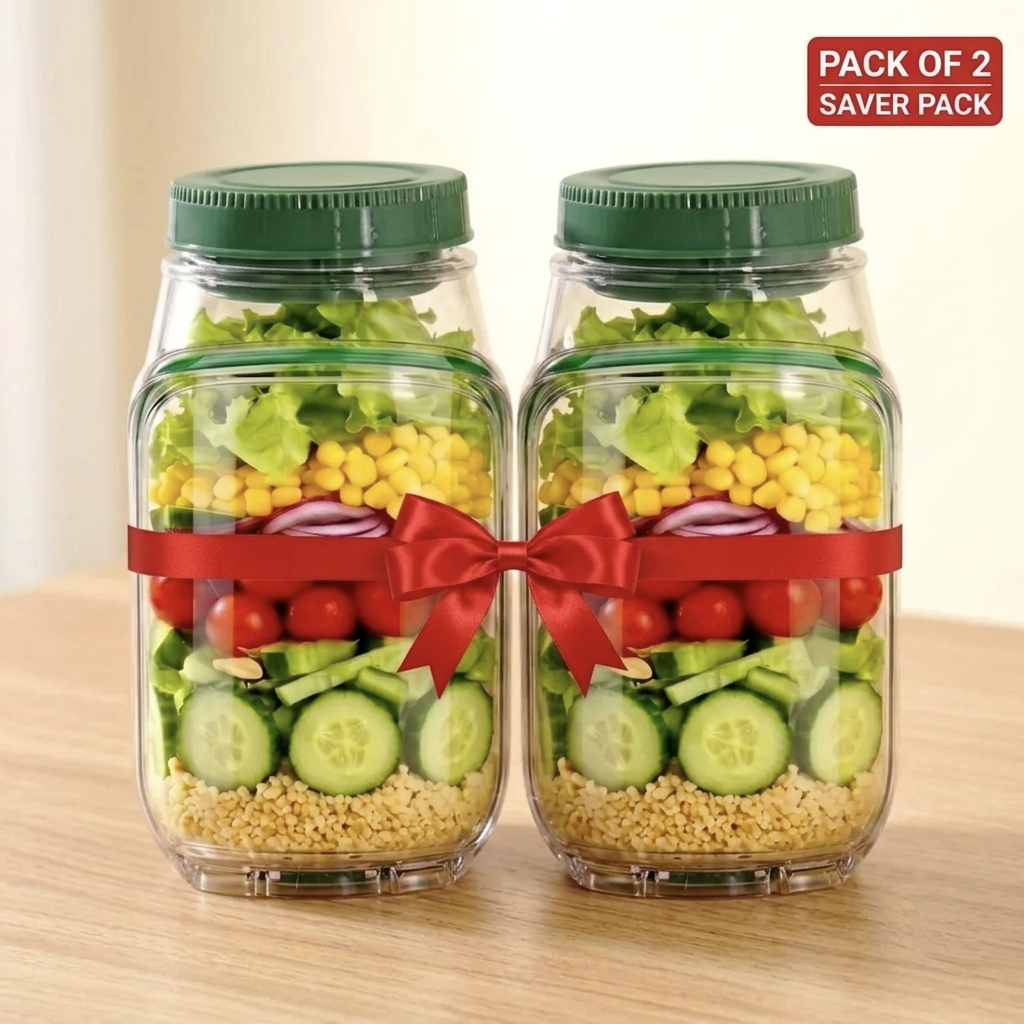 Portable 2 In 1 Salad Jar 1200ml with Built-in Dressing Container Pack of 2