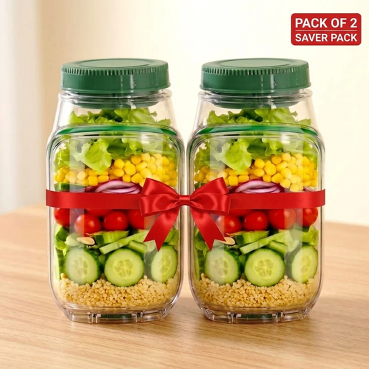 Portable 2 In 1 Salad Jar 1200ml with Built-in Dressing Container Pack of 2